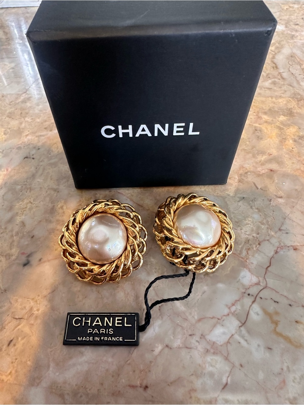 CHANEL Gold and Pearl Braided Button Clip Earrings